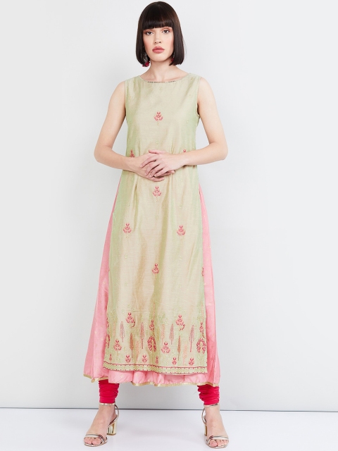 

max Women Green & Pink Embroidered A-Line Kurta