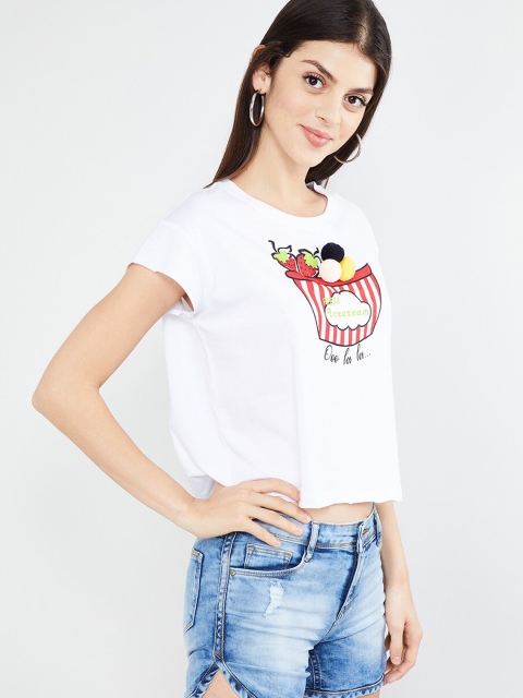 

max Women White Printed Round Neck T-shirt