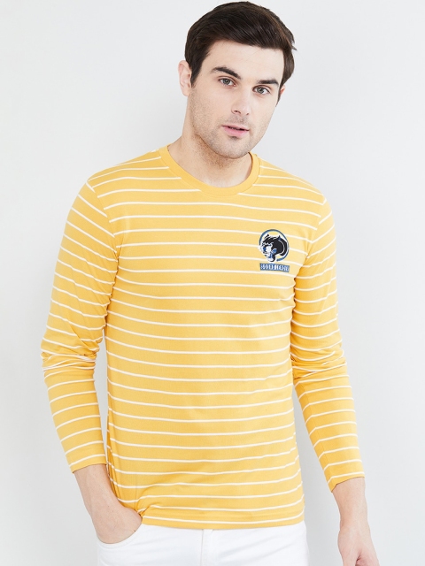 

max Men Yellow Striped Round Neck T-shirt