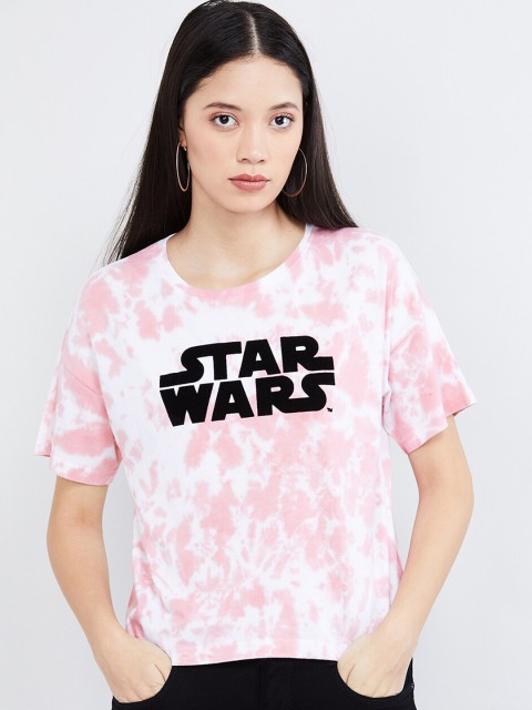 

max Women Pink Star Wars Printed Round Neck T-shirt