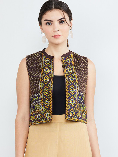 

max Women Brown & Yellow Self Design Crop Tailored Jacket