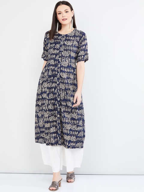 

max Women Navy Blue & Beige Printed A-Line Kurta