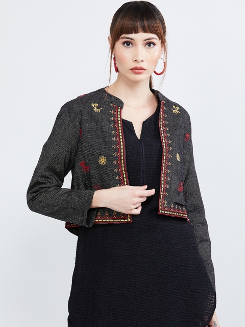 

max Women Black Self Design Crop Tailored Jacket