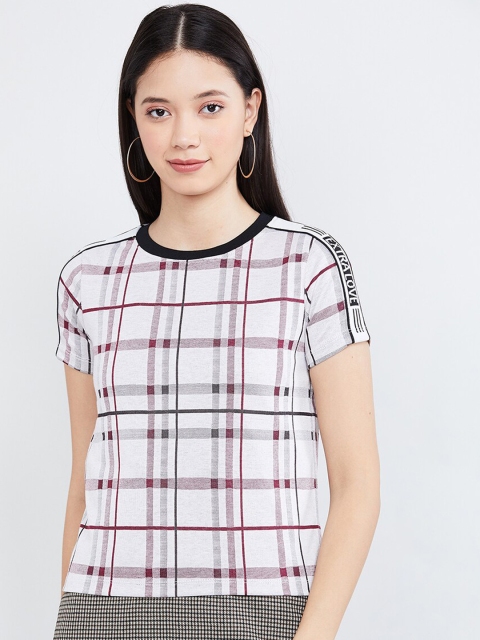 

max Women Grey Melange Checked Round Neck T-shirt