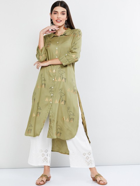 

max Women Green & Gold-Coloured Printed Straight Kurta