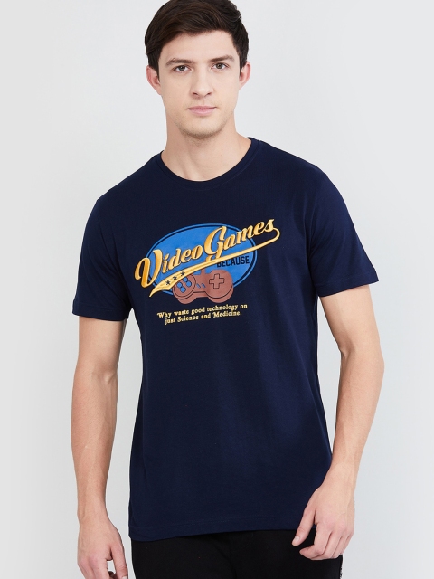 

max Men Navy Blue Printed Round Neck T-shirt