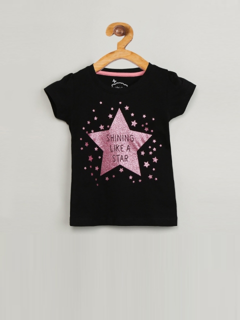 

max Girls Black Printed Round Neck T-shirt