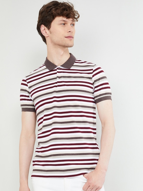 

max Men Brown & Maroon Slim Fit Striped Polo Collar T-shirt