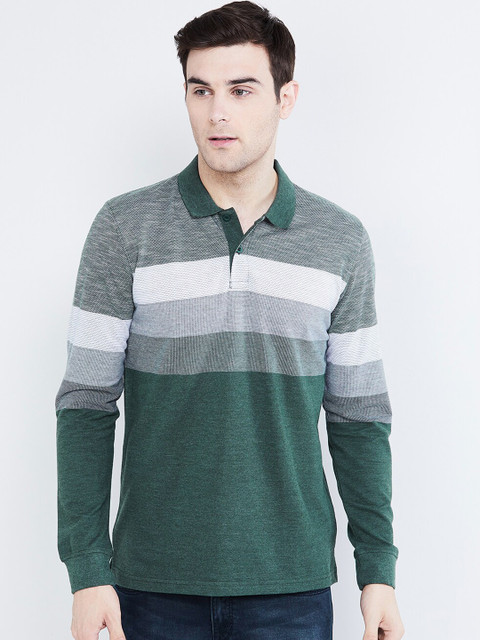 

max Men Green & White Striped Polo Collar T-shirt