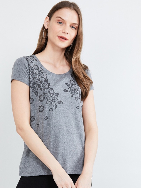 

max Women Grey Printed Round Neck T-shirt