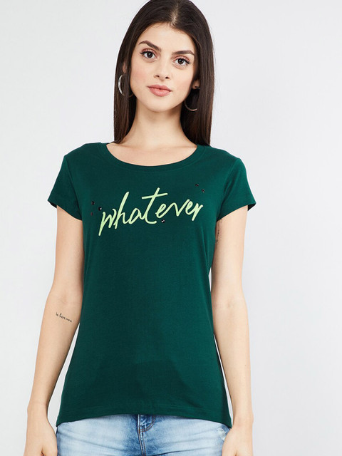 

max Women Green Printed Round Neck T-shirt