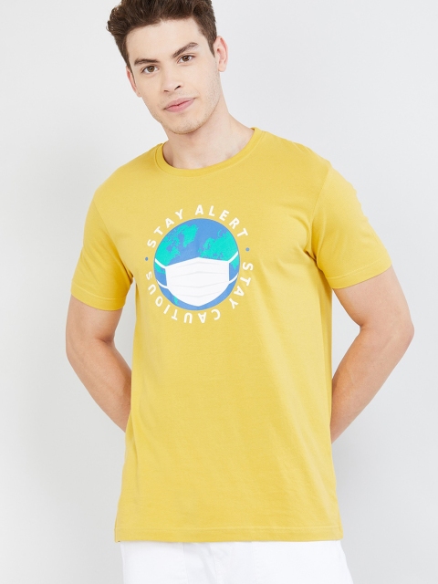 

max Men Yellow Printed Round Neck T-shirt