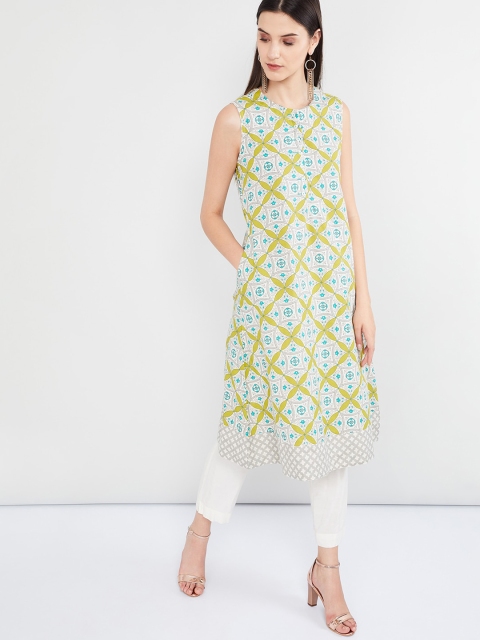 

max Women Off-White & Green Printed Straight Kurta