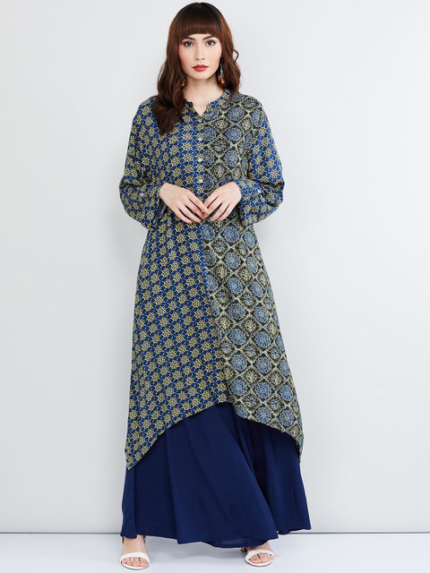 

max Women Blue Printed A-Line Kurta