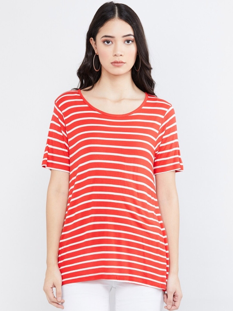 

max Women Orange & Off-White Striped Round Neck T-shirt