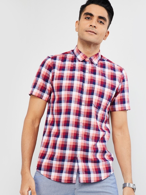 

max Men Orange & Navy Blue Regular Fit Checked Casual Shirt