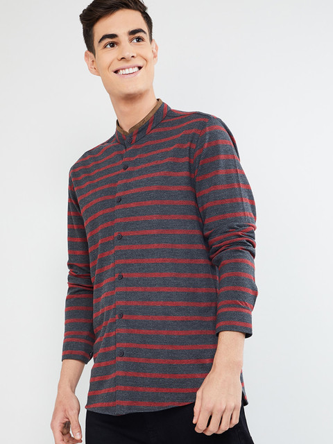 

max Men Grey Regular Fit Striped Casual Shirt