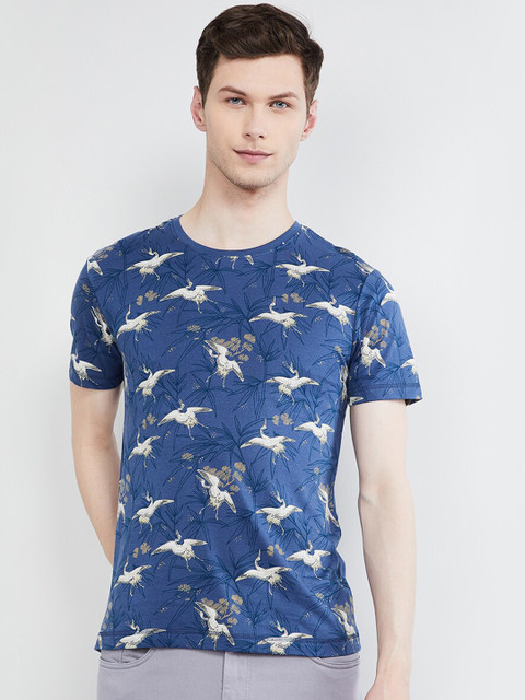 

max Men Navy Blue Printed Round Neck T-shirt