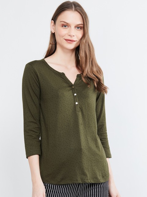 

max Women Olive Green Printed Boxy Pure Cotton Top