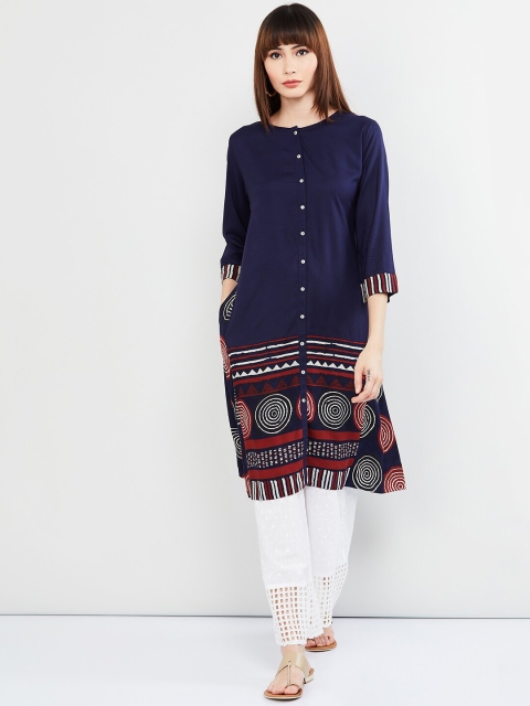 

max Women Navy Blue & Red Printed Straight Kurta