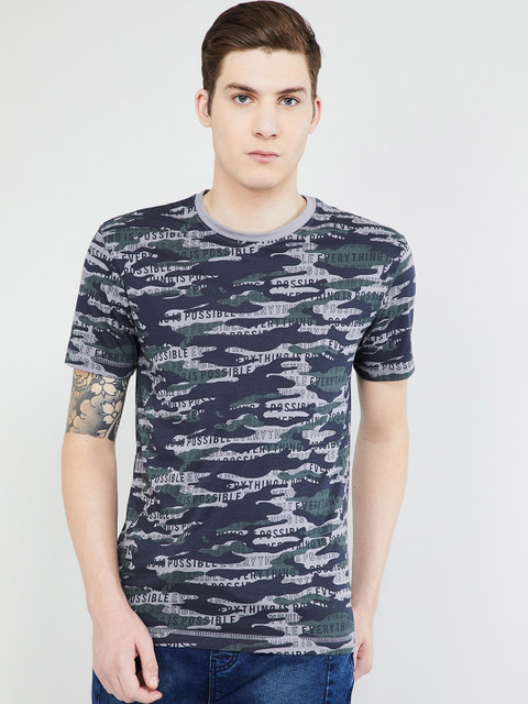 

max Men Grey Printed Round Neck T-shirt