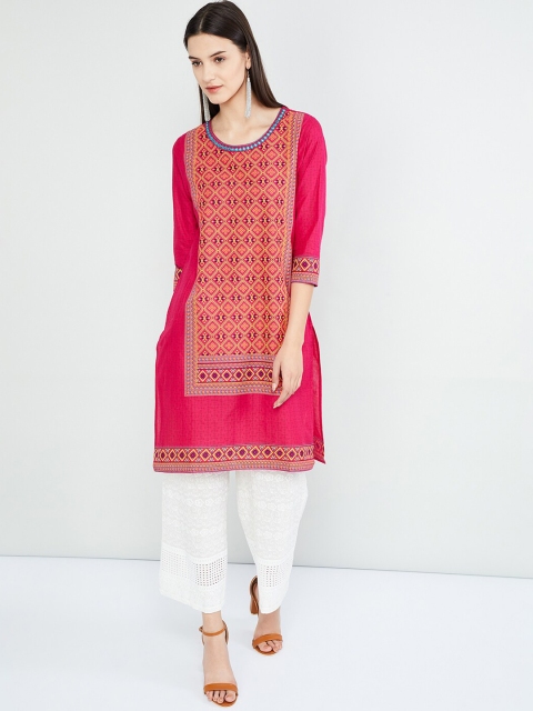 

max Women Pink & Yellow Embroidered Straight Kurta