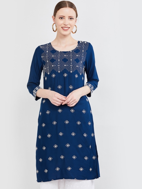 

max Women Blue Embroidered Straight Kurta