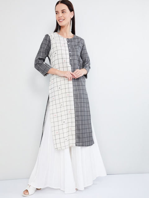 

max Women Off-White & Grey Checked Straight Kurta