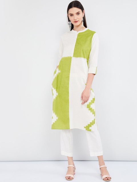 

max Women Off-White & Green Colourblocked Straight Kurta