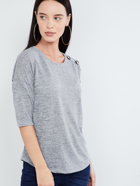 

max Women Grey Melange Self Design V-Neck T-shirt