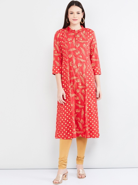 max Women Coral Red & Beige Printed Straight Kurta