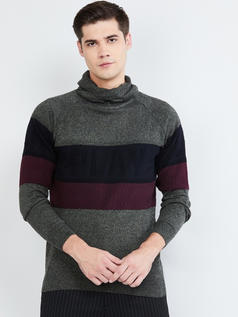 max Men Grey & Black Colourblocked Pullover Sweater