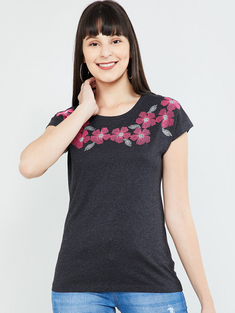 

max Women Grey Printed Round Neck T-shirt