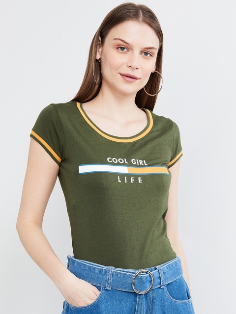 

max Women Olive Green & White Print T-shirt