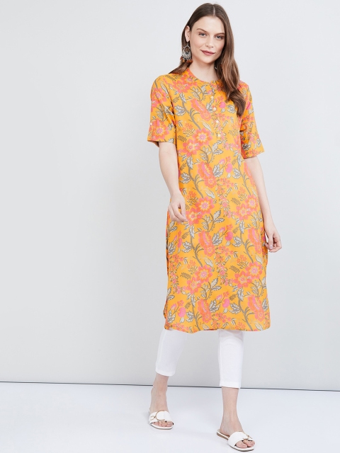 

max Women Mustard Yellow & Pink Printed Straight Kurta