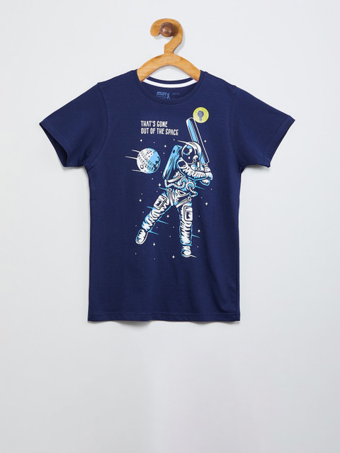 

max Boys Navy Blue & White Printed Round Neck T-shirt
