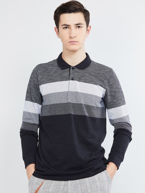 

max Men Black & Grey Striped Polo Collar T-shirt