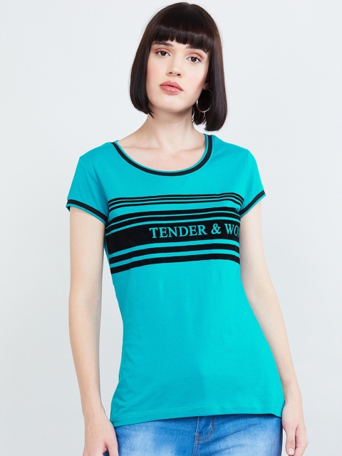 

max Women Blue Striped Round Neck T-shirt