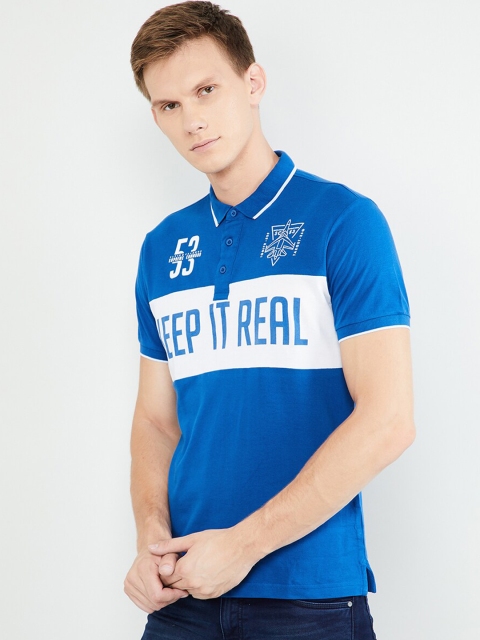 

max Men Blue & White Colourblocked Polo Collar T-shirt
