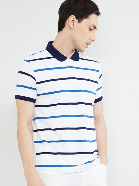 

max Men White & Blue Striped Polo Collar T-shirt