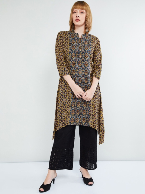 

max Women Mustard Brown & Navy Blue Printed A-Line Kurta