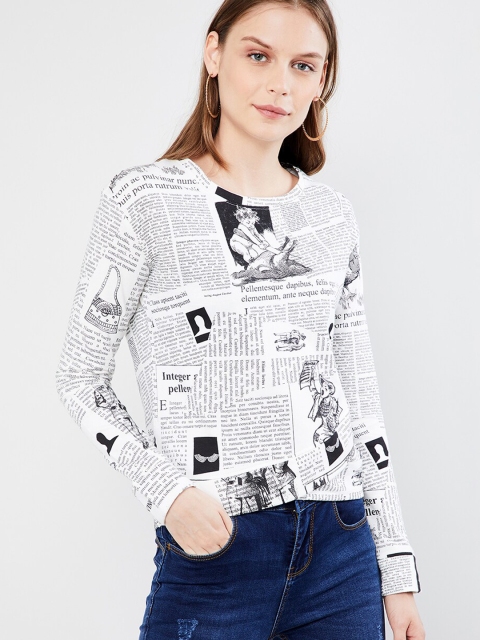 max Women White Printed Round Neck T-shirt
