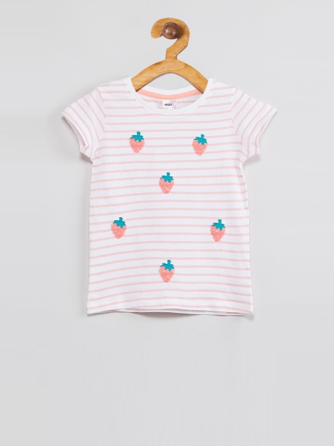 max Girls White & Pink Striped Round Neck T-shirt