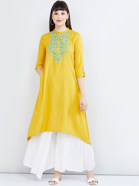 

max Women Yellow & Blue Yoke Design Straight Kurta