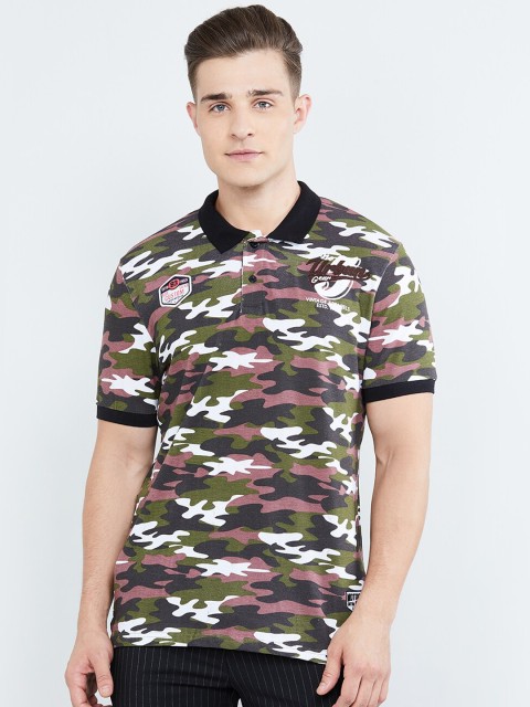 

max Men Green & Black Camouflage Printed Polo Collar T-shirt