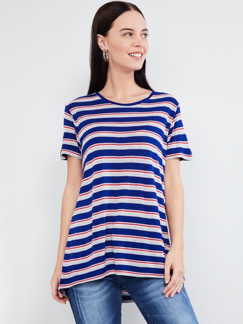 

max Women Blue & Grey Printed Round Neck T-shirt