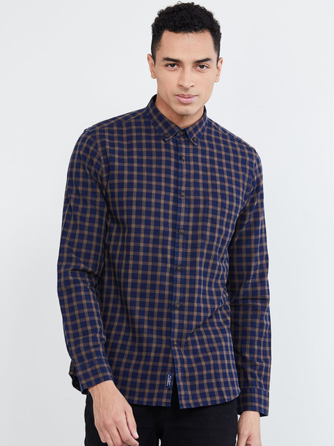 

max Men Blue & Grey Slim Fit Checked Casual Shirt
