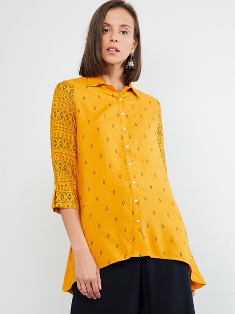 

max Women Mustard Yellow & Black Printed Pathani Kurti