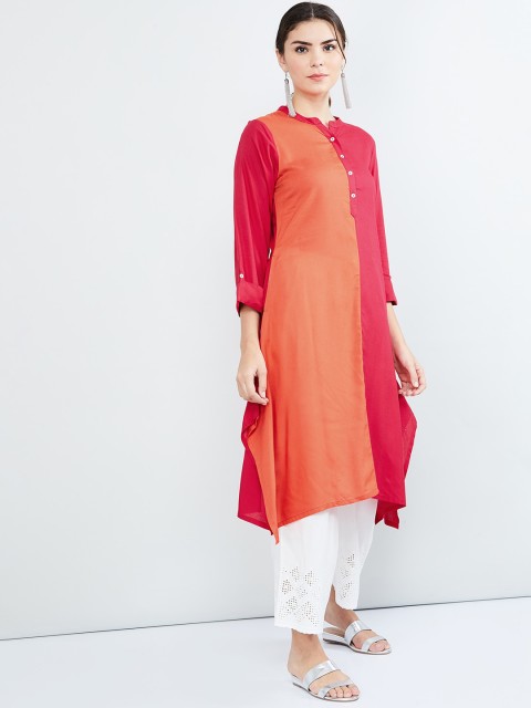 

max Women Coral Orange & Pink Colourblocked A-Line Kurta