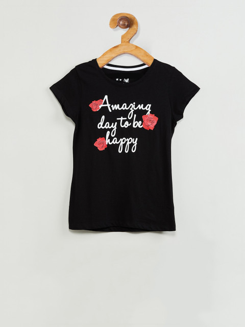 

max Girls Black Printed Round Neck T-shirt